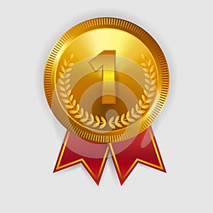 Champion Art Golden Medal with Red Ribbon l Icon Sign First Place Isolated on Transparent Background. Vector Illustration EPS10