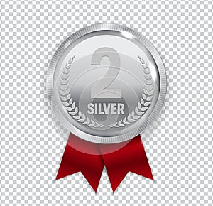Champion Art Silver Medal with Red Ribbon Icon Sign Second Place