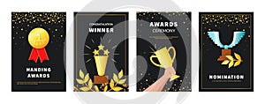 Champion award poster. Gold trophy championship illustration collection. Award win objects on black background with copy