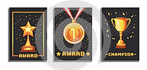 Champion award poster. Gold trophy championship illustration. Vector victory cup symbol banner