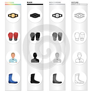 Champion belt, gloves for boxing, referee in the ring, sneakers. Boxing set collection icons in cartoon black monochrome