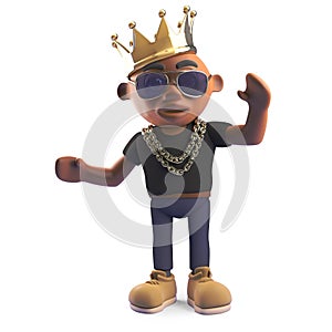 Champion black hiphop rapper in a royal gold crown, 3d illustration