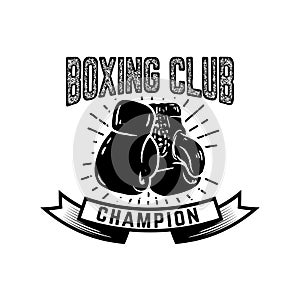 Champion boxing club. Emblem template with boxer gloves. Design element for logo, label, emblem, sign.