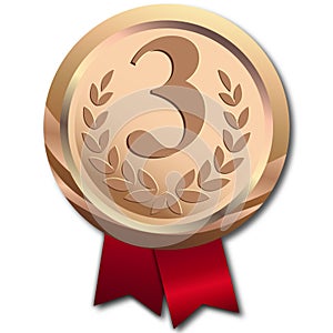 Champion Bronze Medal Template with Red Ribbon. Icon Sign of Third Place