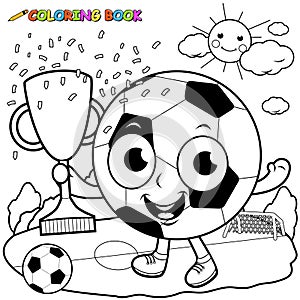 Champion cartoon soccer ball holding a trophy. Vector black and white coloring page.