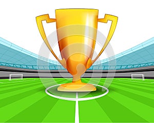 Champion cup in the midfield of football stadium vector