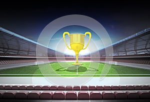 Champion cup in midfield of magic football stadium