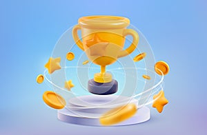 Champion cup on podium 3d vector illustration. Win prize, first place sport competition. Cartoon trophy cup on pedestal