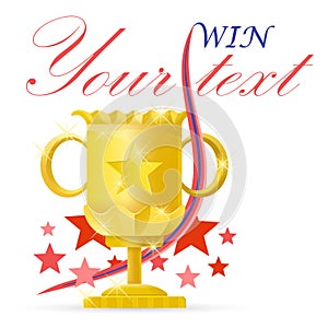 Champion cup. Winner gold cup with red ribbon. Trophy and awards icons. Vector illustration on white background.