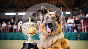 A champion dog shines with a golden winner's cup at the center of attention.