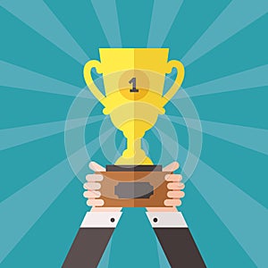 Champion gold cup in hands vector illustration. First place. Flat design.