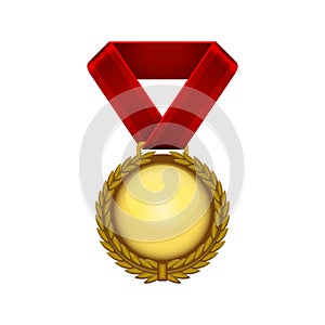 Champion Gold Medal with Red Ribbon. Vector