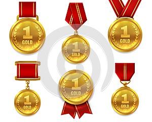 Champion gold medals. Award winner trophy golden medal sport reward competition first best hero red ribbon coin prize