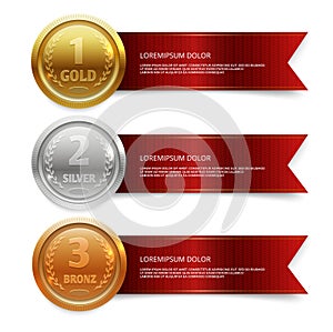 Champion gold, silver and bronze medails with red ribbon banners