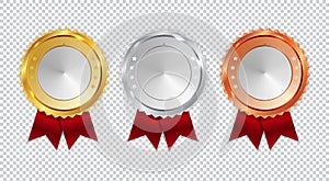 Champion Gold, Silver and Bronze Medal  Icon Sign First, Second and Third Place Collection Set Isolated on White Background.