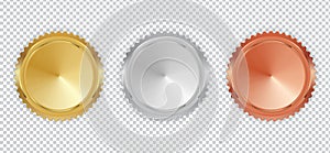 Champion Gold, Silver and Bronze Medal  Icon Sign First, Second and Third Place Collection Set Isolated on White Background.