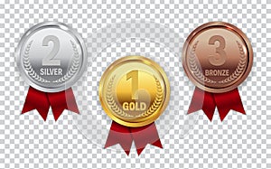 Champion Gold, Silver and Bronze Medal with Red Ribbon Icon Sign