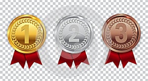 Champion Gold, Silver and Bronze Medal with Red Ribbon Icon Sign photo