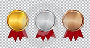 Champion Gold, Silver and Bronze Medal Template with Red Ribbon. Icon Sign of First, Second and Third Place o