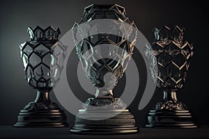 Champion golden and silver trophies placed on wooden table with dark background. AI Generation