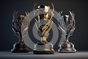 Champion golden and silver trophies placed on wooden table with dark background. AI Generation