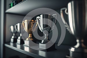 Champion golden and silver trophies placed on wooden table with dark background. AI Generation