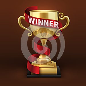 Champion golden trophy cup with red winner ribbon. Sports championship vector concept