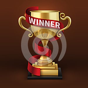 Champion golden trophy cup with red winner ribbon. Sports championship vector concept photo