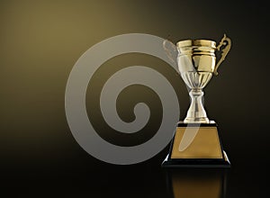 champion golden trophy on modern black background with gold light copy space ready for your design.