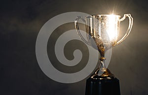 Champion golden trophy placed on wooden table