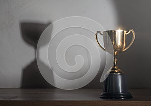 Champion golden trophy placed on wooden table