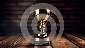 champion golden trophy placed on wooden table with dark background. Generative Ai