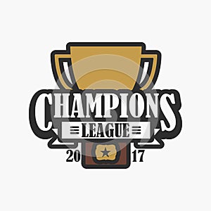 Champion league, sports logo. Design of emblem with trophy cup. Vector