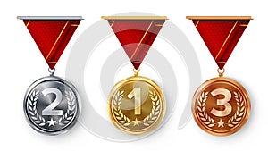 Champion Medals Set Vector. Metal Realistic First, Second Third Placement Achievement. Round Medals With Red Ribbon