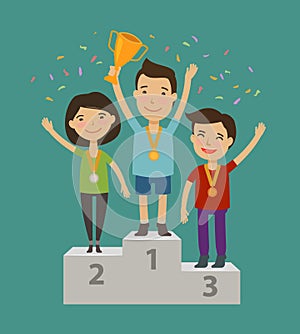 Champion on the pedestal. Achievement, awarding ceremony concept. Cartoon vector illustration