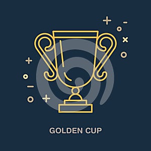 Champion trophy linear icon. Golden cup logo, championship sign. Winner award, leadership illustration