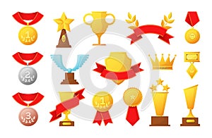 Champion trophy. Winner prizes. Gold, silver or bronze medals. Competition cups and premium ribbons. Tournament rewards