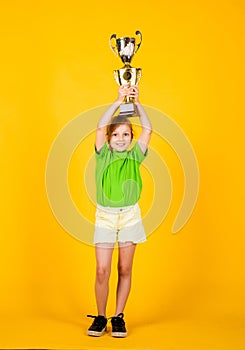 She is champion. Victory and win. Deserved award. Sport achievement. sport success concept. happy childrens day. happy