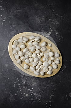 Champions mushrooms on wood board at black background