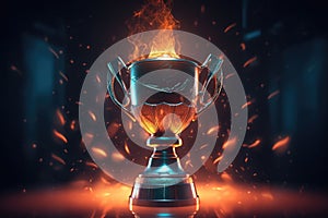 A champions trophy. Golden cup, fire and falling confetti, sport award. Generative AI illustration