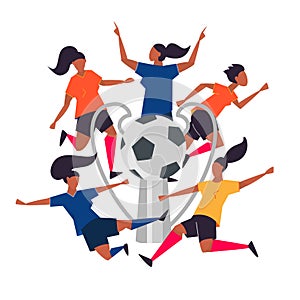 Championship cup. Woman soccer players. Football vector illustration.