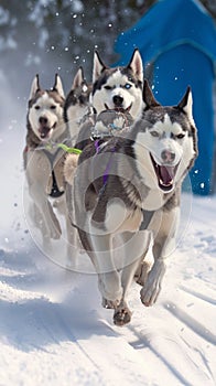 Championship energy Husky sled dogs race in winter sports competition
