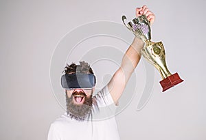 Championship online. Man winner virtual competition. Feel victory in virtual reality games. Achieve victory. Hipster