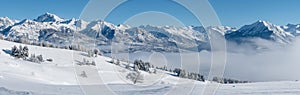 Champsaur Valley, Hautes-Alpes, Alps, France: Panoramic Winter view on the valley with Chaillol Peak and Autane mountain