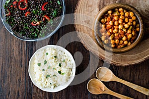 Chana Masala Chickpeas served with rice and Black Lentil Salad.
