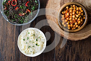 Chana Masala Chickpeas served with rice and Black Lentil Salad.