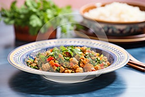 chana masala with parsley, side view on a colorful plate