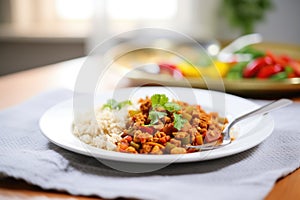 chana masala on a plate with fork and knife