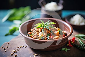 chana masala in a rustic bowl with a mint sprig