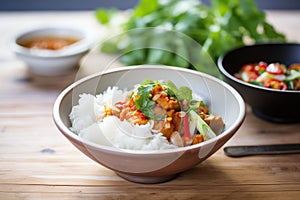 chana masala with steaming basmati rice bowl